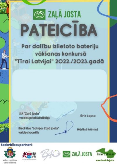 Izlietoto bateriju vākšanas konkurss “Tīrai Latvijai” 2022./2023.gadā